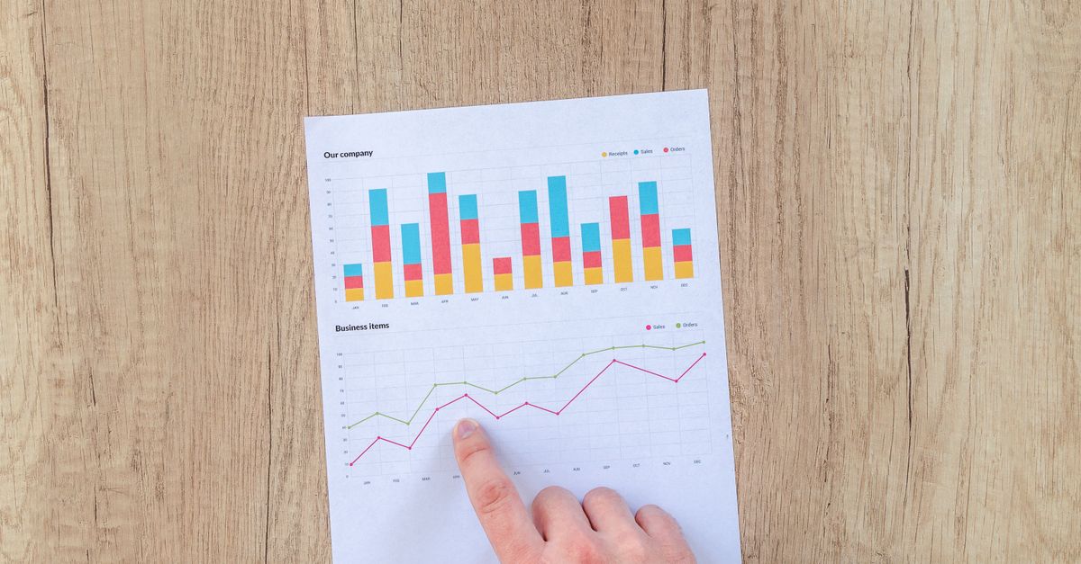 A hand points to colorful business charts and graphs on a paper sheet on a wooden desk.